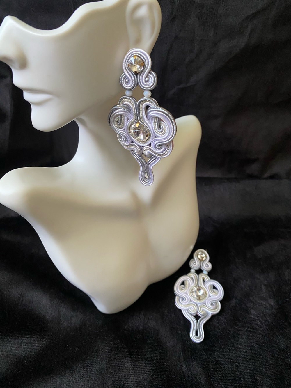 Elegant White-Silver Statement Drop Earrings - Sculpted Swirl Design